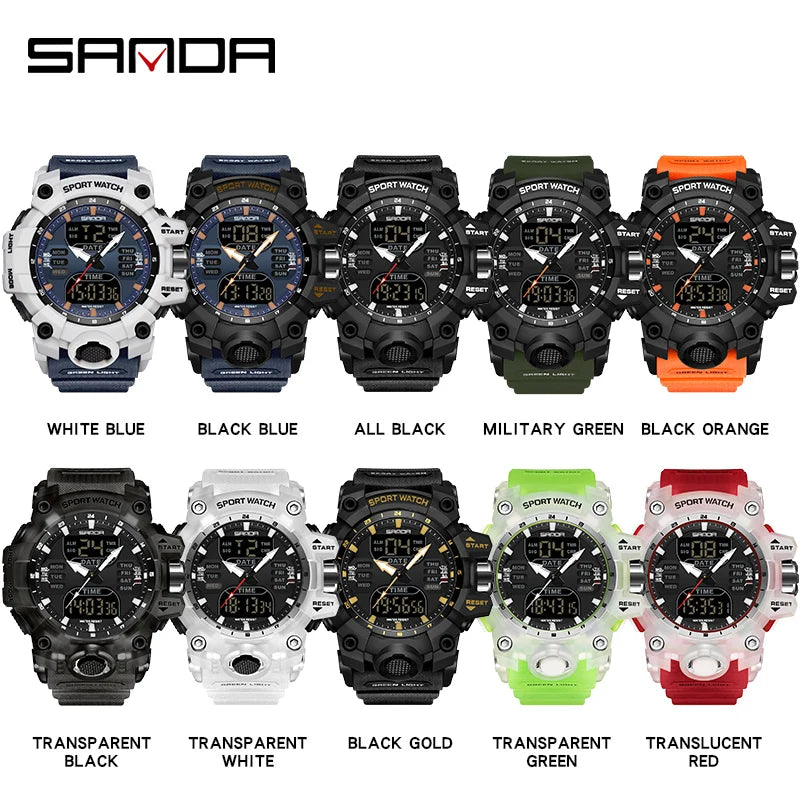 Relógio Masculino SANDA Luxury G Style, Esportivo, LED, Cronógrafo Militar, Analógico-Digital, 50M à Prova d'Água