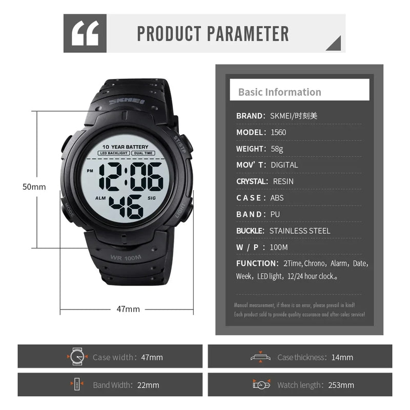 Relógio Digital Masculino SKMEI 1560 - 100M à Prova d'Água, 2 Horários, Bateria de 10 Anos e Funções Esportivas